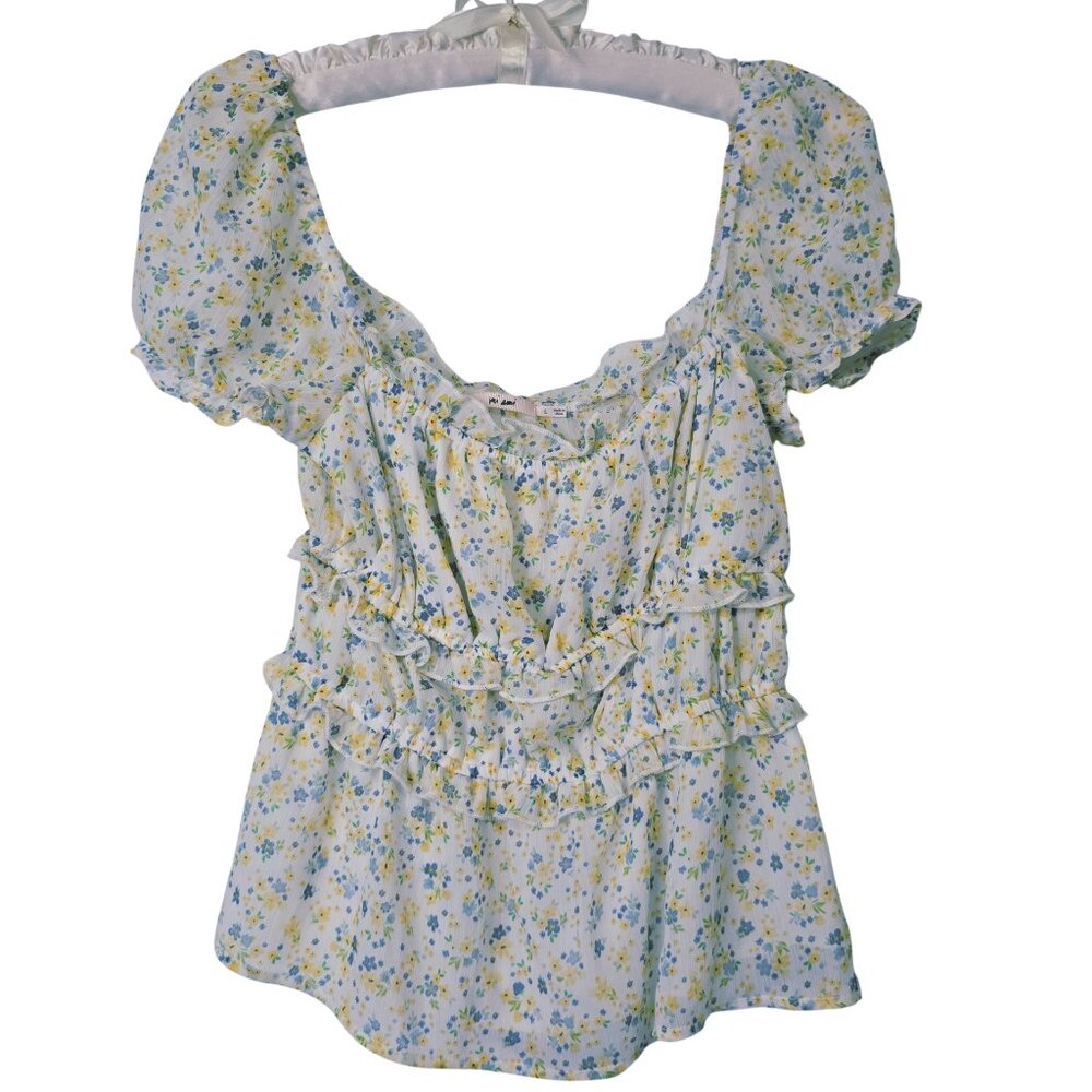 Vivi Ami Blue Yellow Floral Ruffle Peplum Blouse | Size L Cottagecore Spring Top
